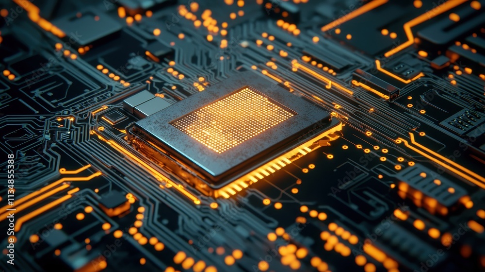 Poster a close-up view of a microprocessor on a circuit board with glowing connections, showcasing intricat