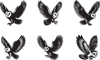  Barn owl bird silhouette vector art illustration. Black and white barn owl vector.