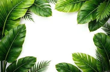 Tropical frame made from green fresh leaves on white background. Copy space.