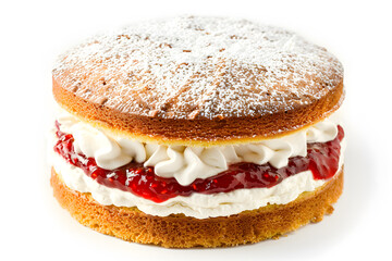 Golden Victoria Sponge cake with jam and whipped cream filling isolated on white background