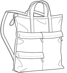 Multifunctional backpack flat sketch vector illustration technical cad drawing template