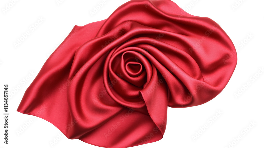 Poster red silk fabric swirl in motion on transparent background