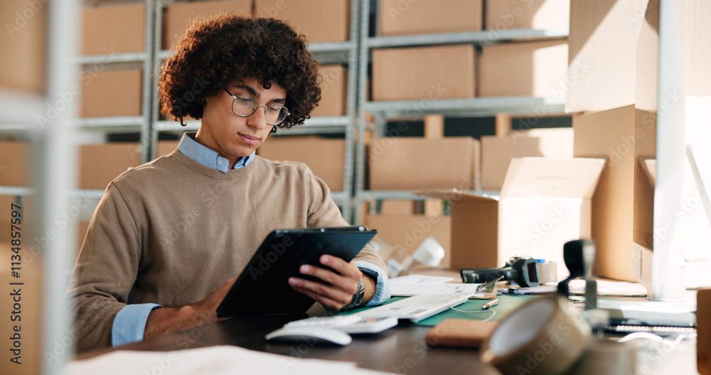 Poster man, reading and tablet with boxes for distribution industry, inspection and order information of de