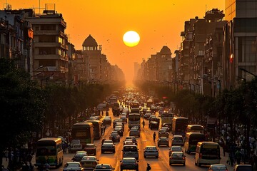 Vibrant Sunset Cityscape with Heavy Traffic Congestion