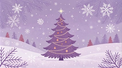 Obraz premium Festive Christmas tree illustration in purple tones surrounded by snowflakes and winter landscape 