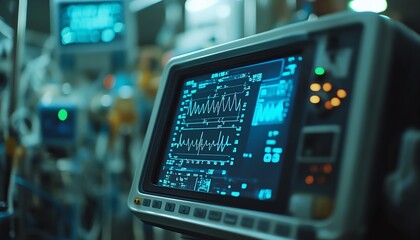 A detailed closeup of a ventilator machine with a screen showing heart rate and oxygen levels