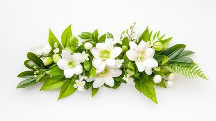 Fototapeta premium Elegant White Floral Arrangement - Spring, nature, purity, serenity, beauty. Delicate white blossoms and lush green foliage create a tranquil scene.