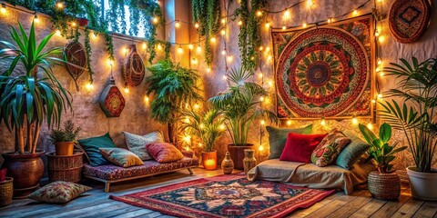 Fototapeta premium Cozy Meditation Nook with String Lights and Tapestries Creating a Serene Hippie Vibe for Relaxation and Mindfulness in a Warm Ambiance