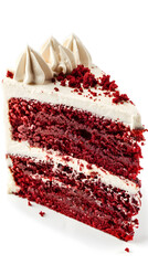 Professional Red Velvet Cake slice with velvety sponge and cream cheese frosting isolated on white background
