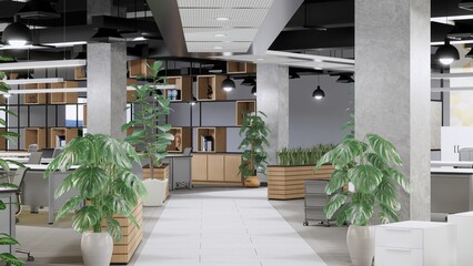 Dark gray office, contemporary style The area is arranged to be green with trees. to make the page work more