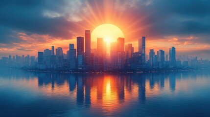 Obraz premium Cityscape Sunset with Golden Rays and Water Reflection