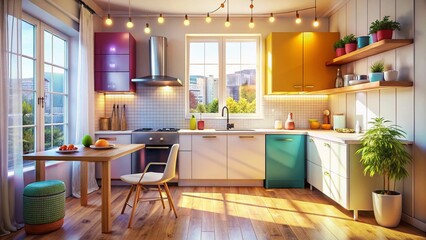 Cozy Urban Kitchen Interior with Bokeh Effect Featuring Light Furniture, Sink Under Window, Stove, and Fridge in Stylish Apartment Setting
