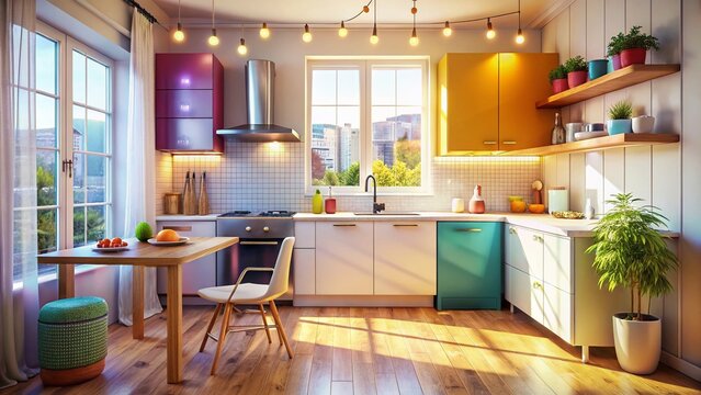 Cozy Urban Kitchen Interior with Bokeh Effect Featuring Light Furniture, Sink Under Window, Stove, and Fridge in Stylish Apartment Setting