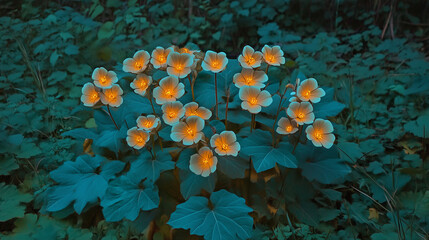 Dark forest with glowing evening flowers at night  
