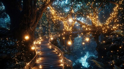Enchanting wooden pathway winding through a magical, illuminated forest at night.  Lights hang from trees, creating a dreamy atmosphere.  A tranquil stream flows nearby.