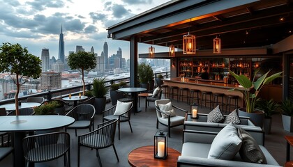 Rooftop Bar with Stunning City Skyline View at Dusk: Elegant Lounge Atmosphere