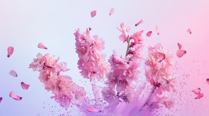 a bunch of pink flowers are in the air with pink petals flying around them on a pink and purple background with a pink and white background.