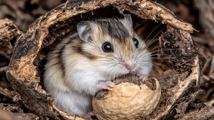 Cute hamster forages in a nut shell forest floor wildlife photography natural habitat close-up view
