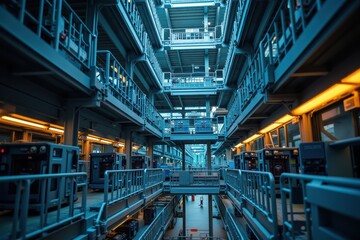 Fototapeta premium Futuristic Robotic Factory Interior with Steel Structures and Automated Workstations, Showcasing Advanced Technology in Manufacturing Environment