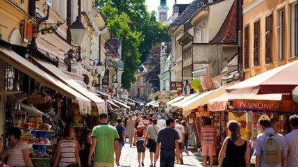 A bustling street market in the old town where tourists explore stalls selling traditional food and souvenirs.