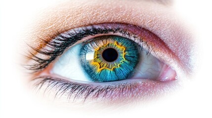 Fototapeta premium A beautifully realistic human eye with detailed veins and vibrant iris colors, isolated on a white background.