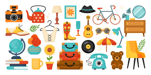 Flea market, second hand store and garage sale cute elements design set. Template for invitation, banner and poster. Vector illustration