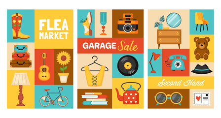 Flea market, second hand store and garage sale poster design. Modern icon set. Vector illustration