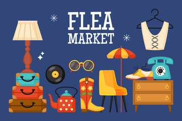 Flea market, second hand store and garage sale cute elements design set. Template for invitation, banner and poster. Vector illustration