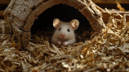 Cute white mouse exploring its cozy habitat in natural wooded environment close-up view