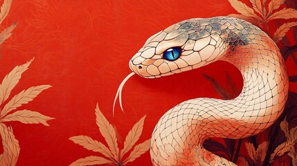 Fototapeta premium Detailed illustration of a coiled snake on a red background, ideal for Year of the Snake celebrations, wildlife-themed design, or nature-related projects.