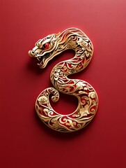 Fototapeta premium Golden Serpent on Red Background - Elegant gold serpent, intricate design, vibrant red backdrop, symbolic of power, prosperity, transformation, and good fortune.
