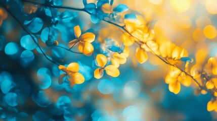 Obraz premium Vibrant Blossoms Illuminated by Golden Sunlight in a Serene Botanical Garden During the Early Hours of Spring's Awakening