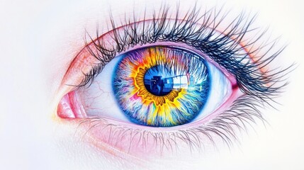 Fototapeta premium A highly detailed human eye with vibrant colors in the iris, visible veins, isolated against a white background.