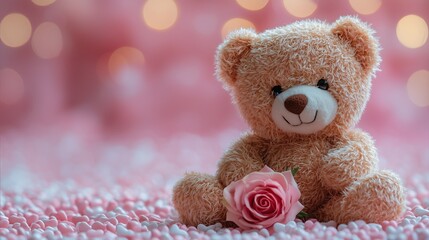 A cuddly brown teddy bear holding a rose sits on a pink and white background in a romantic theme. Suitable for Valentine's Day, weddings, engagements.