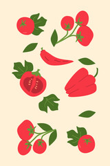 Vibrant red vegetables: tomatoes and peppers on a light background.