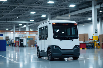 Modern Guided Vehicle Operating Inside a High-Tech Factory Setting, Showcasing Advanced Transportation Solutions for Manufacturing Environments