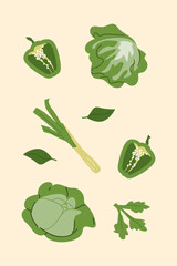 Fresh green vegetables pattern with peppers and lettuce on beige background.