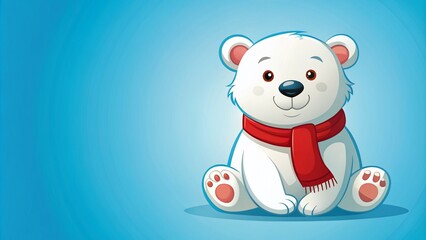 Cute Polar Bear Cartoon Character in Red Scarf Celebrating Christmas on a Blue Background, Perfect for Holiday Designs and Festive Themes