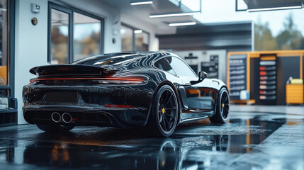 A sleek black sports car is parked in a modern garage, showcasing its shiny exterior and premium design against a vibrant background.