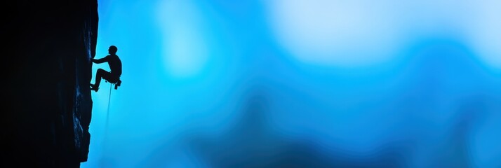 A climber ascends a challenging cliff against a serene blue background, symbolizing the pursuit of ambitious goals and personal growth achieved through determination and relentless effort
