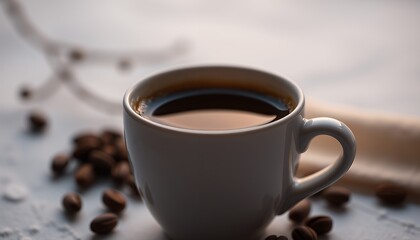 Aromatic Coffee Cup Morning Delight: Closeup of Fresh Brewed Coffee with Roasted Beans