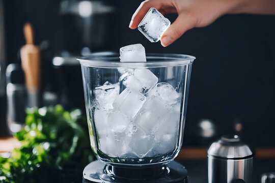 Chilled ice cubes are added to a blender for a refreshing drink