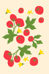 Vibrant tomato pattern with green leaves and yellow flowers.