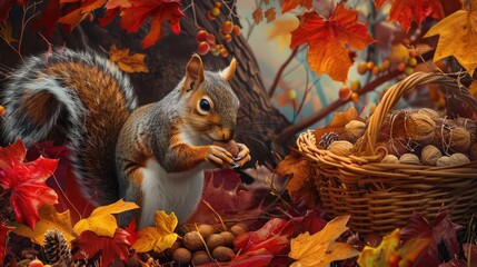 A charming squirrel gathers nuts in an autumn setting, surrounded by vibrant fall leaves and a basket full of treasures.