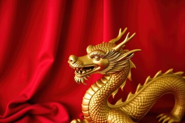 Obraz premium Exquisite Golden Dragon Sculpture Displayed on Elegant Red Fabric, Symbolizing Power, Wisdom, and Good Fortune in Asian Culture
