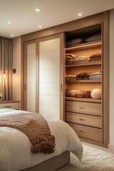 Modern bedroom with built-in sliding door wardrobe, neatly organized clothes, and warm lighting.
