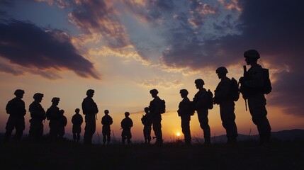 A silhouette of soldiers standing together with the USA flag at sunset, paying homage to Veterans Day.