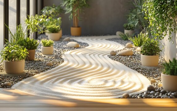 A serene indoor space featuring a sand pathway, plants, and pebbles for relaxation and mindfulness.