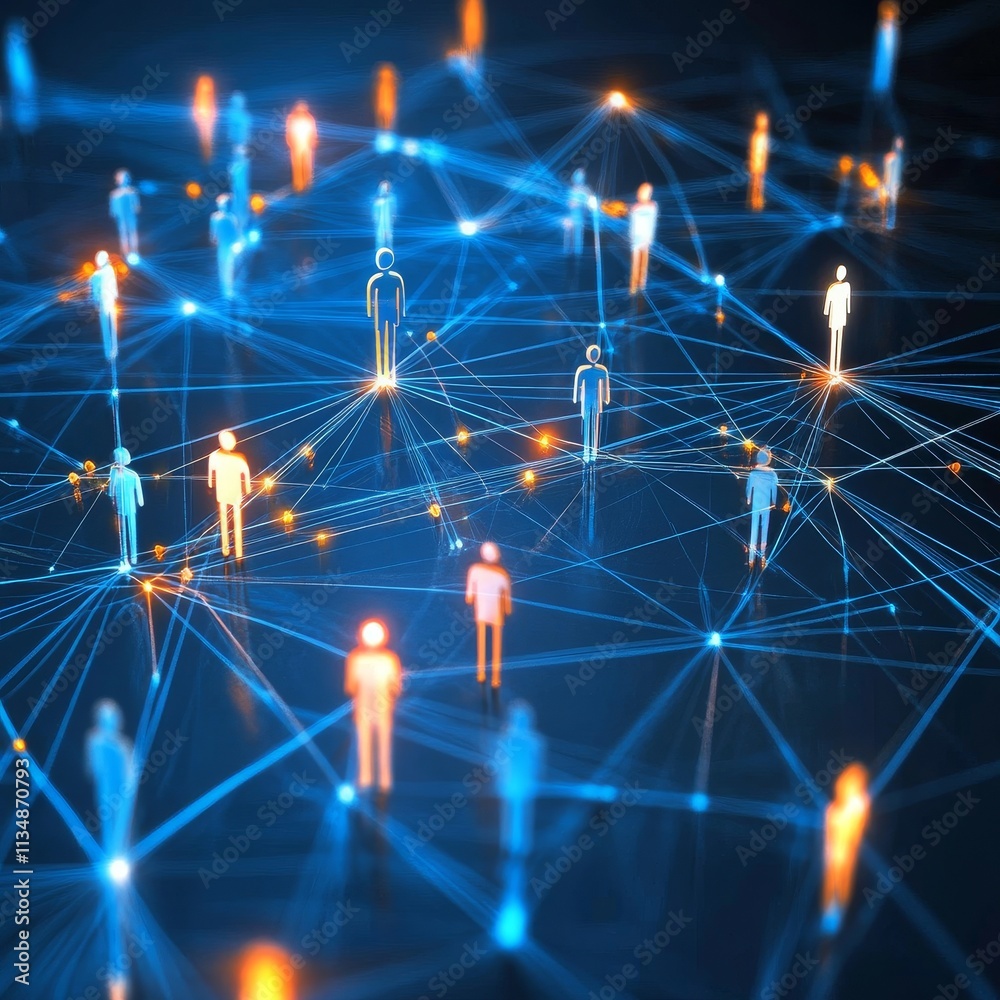 Poster connecting through technology at dusk in a virtual network of glowing figures immersed in data excha
