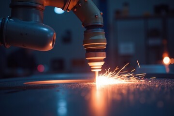 Obraz premium Advanced Coating Technology with Industrial Robot Arm Creating Sparks in Modern Manufacturing Environment